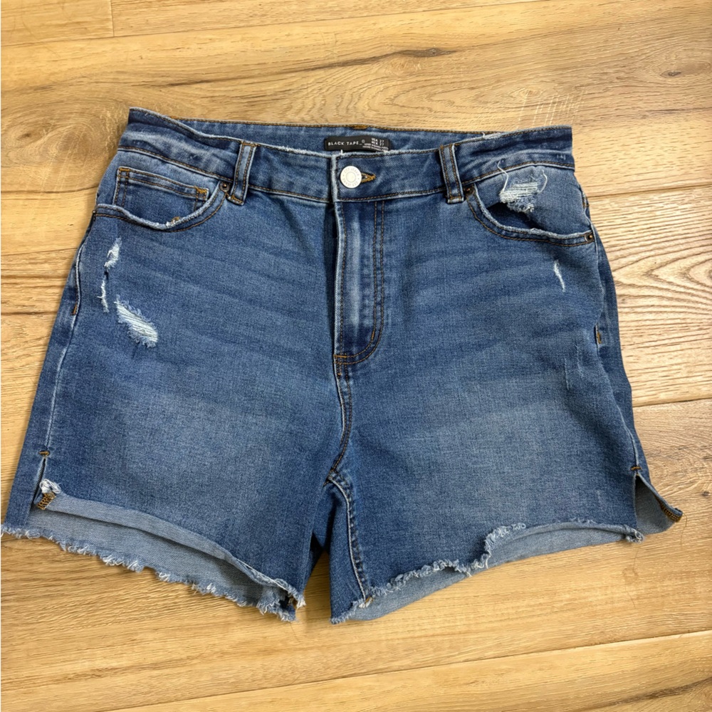 Black Tape_ Distressed High-Rise Denim Shorts - Blue - Picture 1 of 3